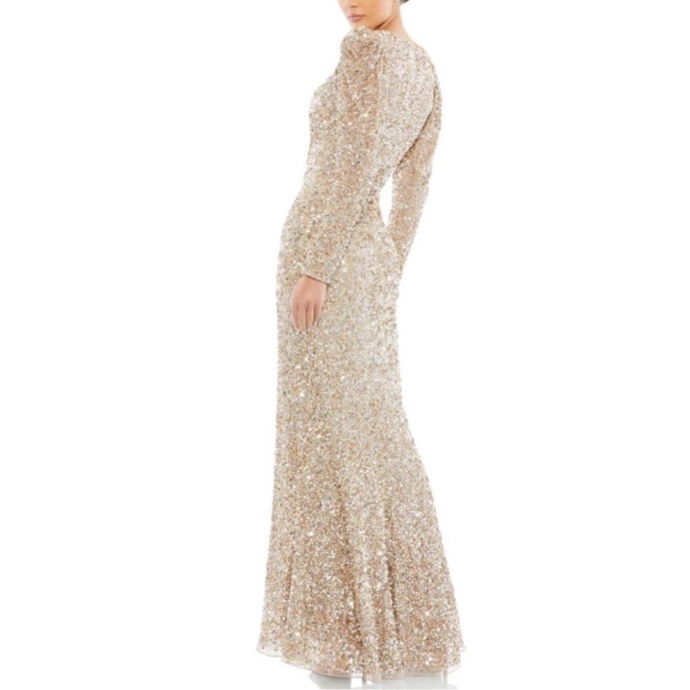 Mac Duggal Shimmering Gold Sequined Puff Shoulder Surplice Evening Gown -Reemoly - Picture 2 of 16